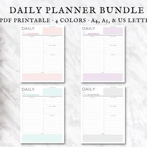 May include: Four printable daily planner pages in pink, purple, light blue, and gray. The pages are titled "DAILY" and have space for writing the date, priorities, and daily tasks.