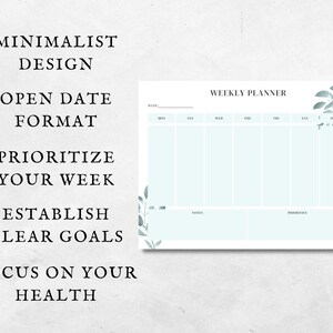 May include: A weekly planner with a minimalist design. The planner has a light blue background with a white grid for writing. The days of the week are labeled at the top: Mon, Tue, Wed, Thu, Fri, Sat, Sun. The planner also has a section for notes and priorities. The planner is decorated with a watercolor illustration of leaves in the top right corner.