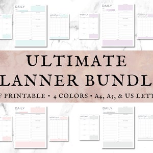 May include: A set of printable planner pages in four colors: pink, blue, purple, and gray. The pages include daily, weekly, and monthly layouts. The text on the image reads "ULTIMATE PLANNER BUNDLE PDF PRINTABLE. 4 COLORS. A4, A5, & US LETTER."