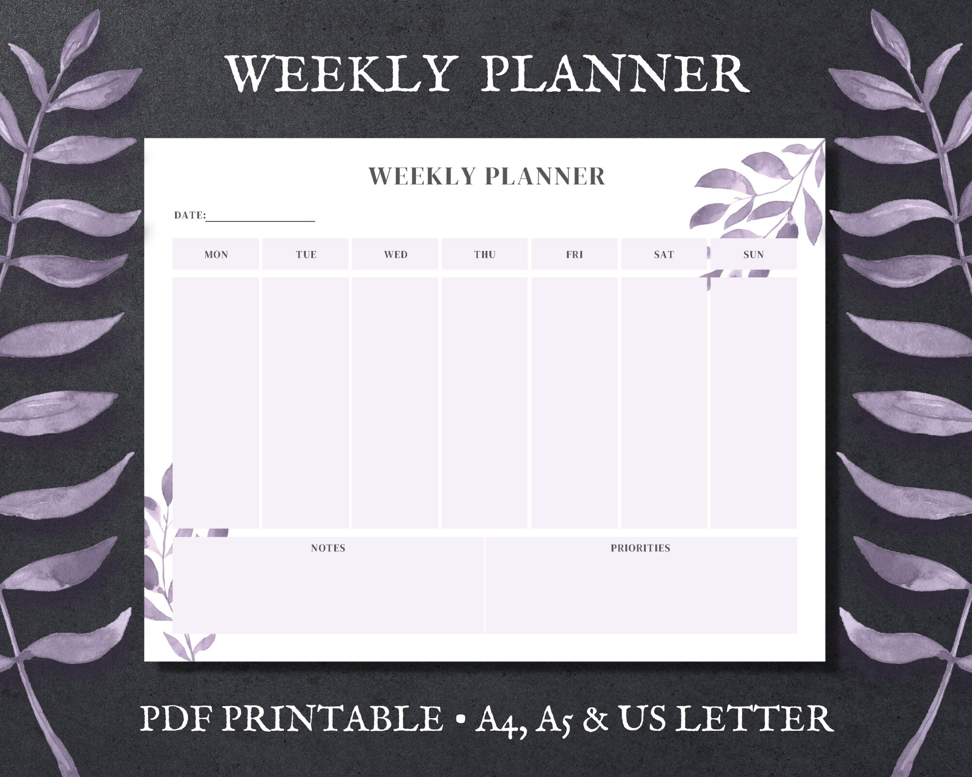 Landscape Weekly Planner, Weekly Planner, Horizontal Weekly Planner, Printable Weekly Planner, Horizontal Planner, PDF Printable