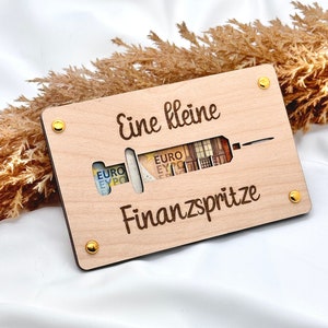 Holzkarte für Geldgeschenke , Finanzspritze als Geldgeschenk, Verpackung aus Holz Holzkarte für Geldscheine, Geschenk für Geld