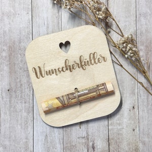 Holzkarte für Geldgeschenke, Wunscherfüller, Geburtstagswünsche, Verpackung aus Holz Holzkarte für Geldscheine mit Juteschur