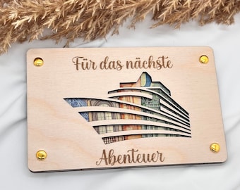 Wooden card for money gifts, cruise ship, wooden packaging Wooden card for banknotes, wooden travel voucher