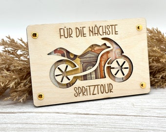 Wooden card for money gifts, motorcycle, wooden packaging Wooden card for banknotes, wooden travel voucher, joyride bike