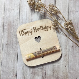 Holzkarte für Geldgeschenke, Happy Birthday, Geburtstagswünsche, Verpackung aus Holz Holzkarte für Geldscheine mit Juteschur