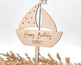 Cake Topper Happy Birthday, Geburtstagsstecker, Tortenaufstecker personalisiert, Maritim, Boot, Schiff, Kuchendeko,Tortendeko Happy Birthday