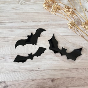 Könnte beinhalten: Drei schwarze Fledermaus-Silhouetten auf einer transparenten Acrylplatte. Die Fledermäuse sind in verschiedenen Größen und Positionen, wobei eine Fledermaus über den beiden anderen fliegt.