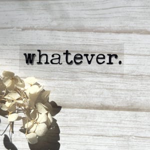 Könnte beinhalten: Ein klarer Aufkleber mit dem Wort "whatever" in schwarzer, serifenloser Schrift. Der Aufkleber befindet sich auf einer hellen Holzmaserung. Getrocknete, cremefarbene Blumen befinden sich in der unteren linken Ecke.