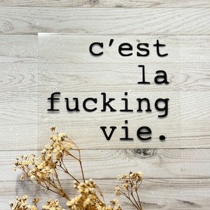 Könnte beinhalten: Ein klares Schild mit schwarzem Text, auf dem "c'est la fucking vie." steht.