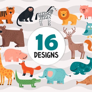 Puede incluir: Un conjunto de 16 ilustraciones de animales coloridos, que incluyen un tigre, una cebra, un león, un oso, un hipopótamo, una jirafa, un zorro, un elefante, una ballena, una foca, un mono, un ciervo, un búho, una ardilla, un cerdo y un cocodrilo. Las ilustraciones son de estilo de dibujos animados y son perfectas para usar en libros para niños, materiales educativos o para crear diseños divertidos y caprichosos.