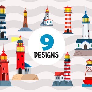 Puede incluir: Nueve diseños de faros diferentes en varios colores y estilos. Los faros están ilustrados en un estilo de dibujos animados y se colocan sobre un fondo de olas blancas.