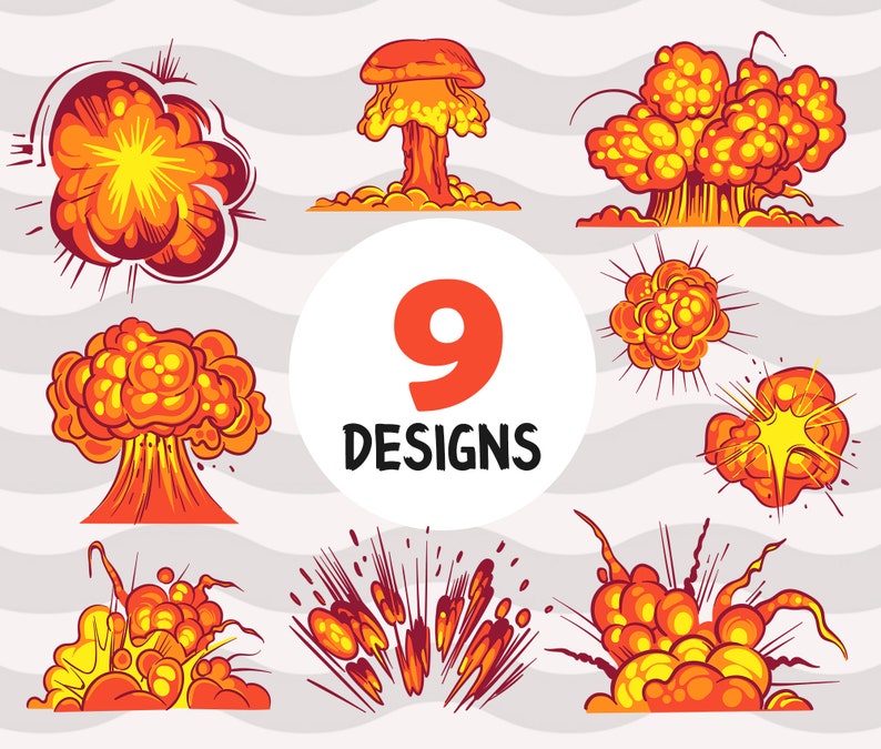 May include: Nine cartoon illustrations of different types of explosions in red, orange, and yellow colors. The center illustration is a white circle with the number 9 and the text 'DESIGNS'.
