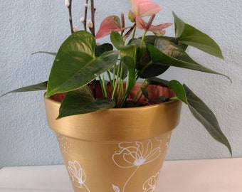 Gold hand painted plant pot with white flower outline 8.25" planter