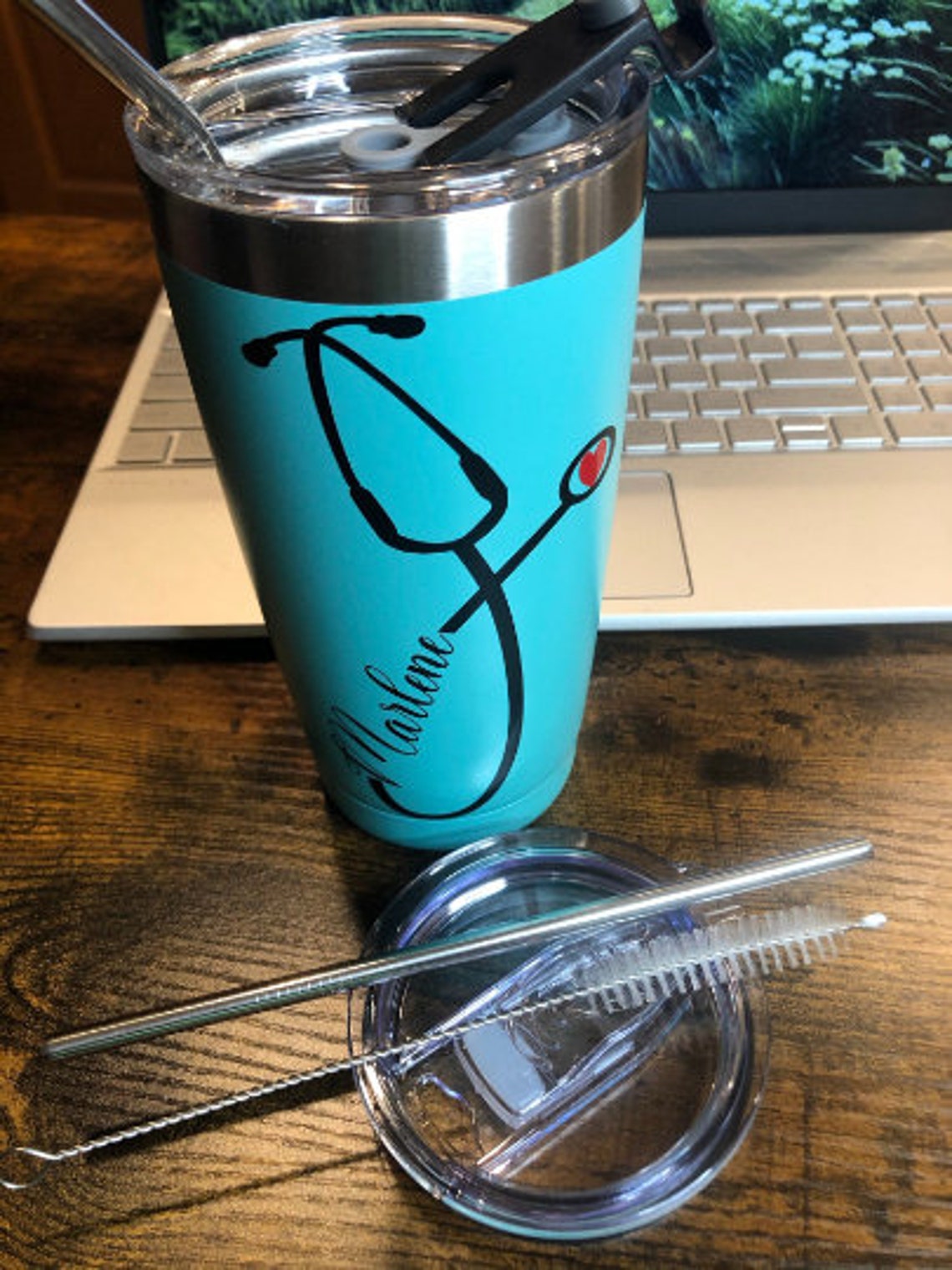 Personalized travel mug with two lids straw and brush Etsy