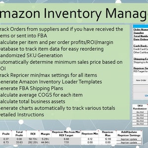 Könnte beinhalten: Ein Screenshot einer Tabellenkalkulation mit einer Liste von Funktionen für ein Amazon-Inventar-Management-Tool. Das Tool hilft bei der Verfolgung von Bestellungen, der Berechnung von Gewinnen, der Generierung von Versandplänen und vielem mehr. Die Tabellenkalkulation enthält Spalten für SKU, Kaufpreis, Menge, Bündel, Stange, gebrochen, Versand an Amazon, Vorbereitungsgebühr, andere Gebühr und Verkaufspreis.