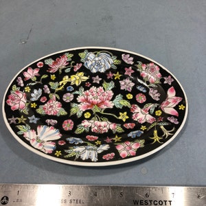 Vintage Chinese Black flower 8&quot; oval plate from JingDeZhen