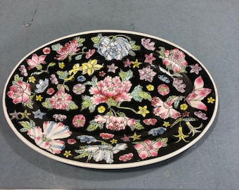 Vintage Chinese Black flower 8&quot; oval plate from JingDeZhen