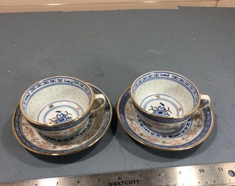 Set of 2, Vintage Chinese Blue & White rice eye pattern tea cups and saucers