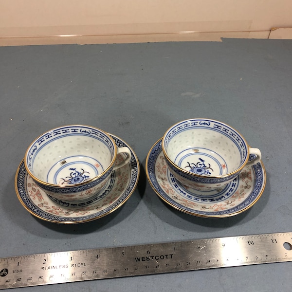 Set of 2, Vintage Chinese Blue & White rice eye pattern tea cups and saucers