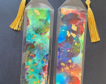 Two- sided artistic bookmark, abstract acrylic painting with tassels, made by an artist
