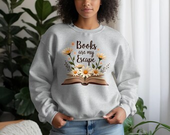 Books Are My Escape T-Shirts, Sweatshirts and Hoodies, Daisy Flower Apparel, Reading Lover Gift, Bookworm Clothing, Cute Floral Book Design