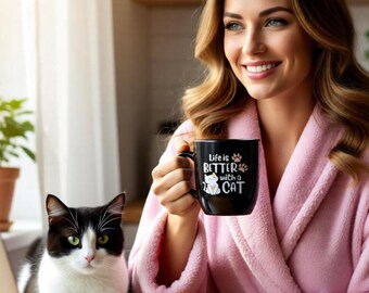 Life is Better with a Cat Mugs and Glassware, Cute Kitten Lover Gift, Funny Cat Paw Print Mug, Unique Gift Idea for Cat Owners