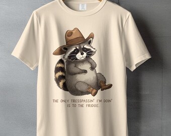 Funny Raccoon Cowboy T-Shirt, Fridge Trespasser Tee, Cartoon Animal Shirt, Humor Gift Idea, Western Style Apparel