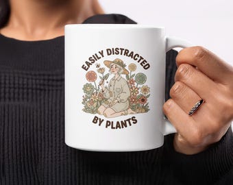 Easily Distracted By Plants Mug, Cute Gardener Mug, Gardening Lover Gift, Plant Lady, Retro Floral, Mugs and Glassware, Cottagecore Decor