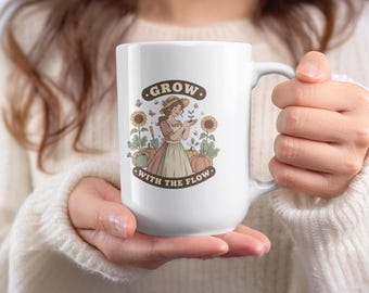 Grow With The Flow Mugs and Glassware, Sunflower Girl Design, Gardening Lover Gift, Nature Inspired Mugs, Cottagecore Decor, Fall Decor