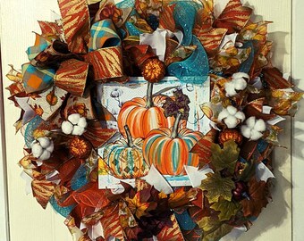 Multi color fall, autumn pumpkins deco mesh wreath.