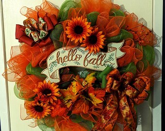 Orange and green Hello Fall deco mesh wreath