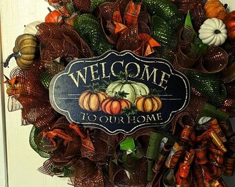 Welcome To Our Home Fall Pumpkin Deco Mesh Wreath