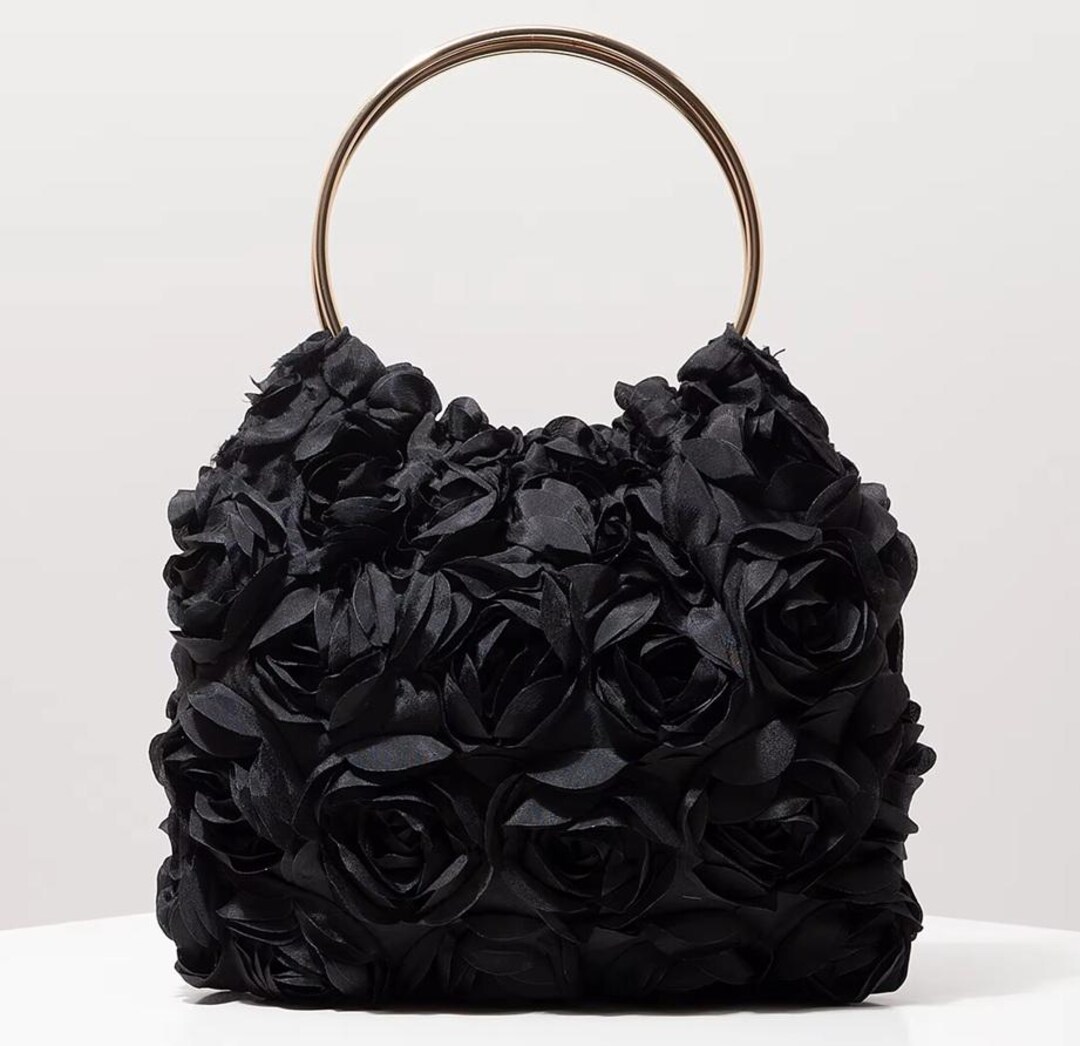 Black Floral Evening Handbag | 3D Rose Purse With Metal Handle ...