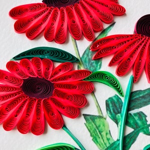 Fleurs de marguerite rouge, carte piquante, papier d'art, carte de voeux, carte quilling, cartes d'artisanat, carte faite main, cartes vierges