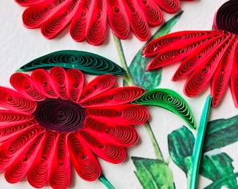 Red Daisy flowers, Quilled card, Art paper, Greeting Card, Quilling Card, Craft cards, Handmade card, blank cards