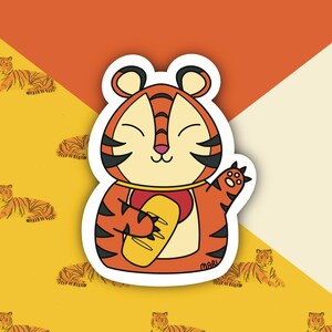 Mignon Lucky Cat Tiger Sticker | Maneki Neko | nouvel an lunaire | | d’illustration de tigre mignon Vinyle