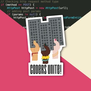 May include: Three hands holding up three keyboards with the text "CODERS UNITE!" below. The hands are diverse and wearing bracelets.