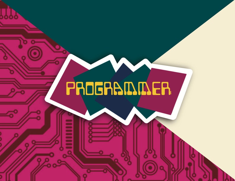 May include: A colourful graphic design with the word "PROGRAMMER" in yellow letters on a white background. The background is a split design with a teal green section and a pink section with a circuit board pattern.