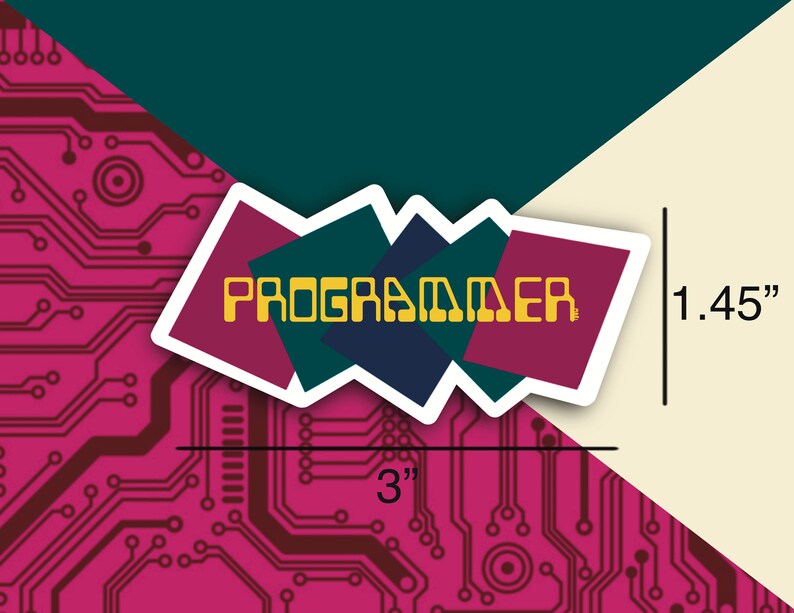 May include: A sticker with a colourful geometric design and the word "PROGRAMMER" in yellow letters. The sticker is 7.62 cm wide and 3.68 cm tall.