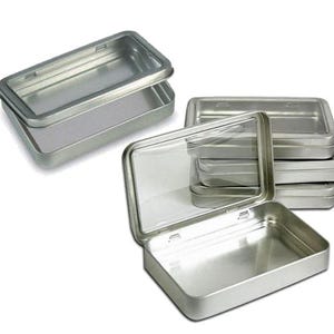 Clear Top Metal Tin Box: Hinged Silver Storage Case (5 Tins)