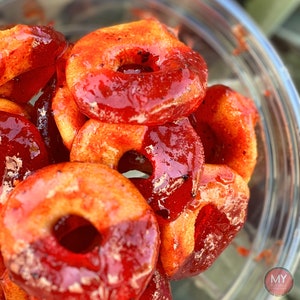 Chamoy covered Candy, Chamoy Gummy Peach Rings, Chamoy covered Gummy Candy, Dulces Enchilosos, My Botanas