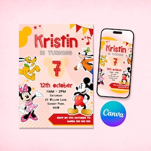 Disney Birthday Invitation, Mickey and Friends, Editable Canva Template, Girls Party Invite, Digital Download, Printable Card