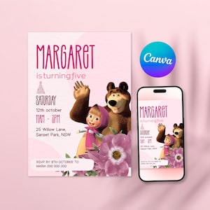 Masha and the Bear Birthday Invitation, Pink Editable Canva Template, Girls Party Invite, Digital Download, Instant Access