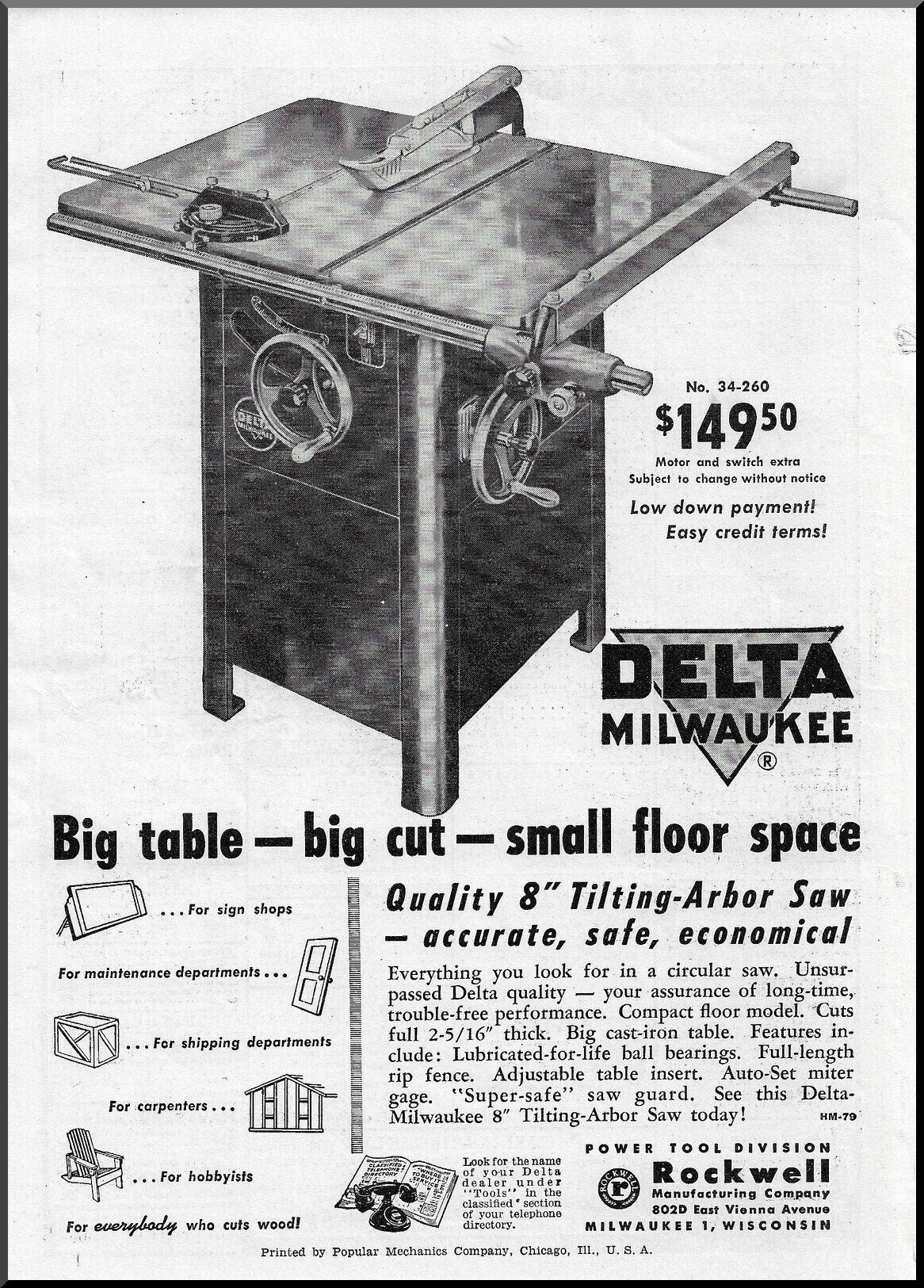 Delta Milwaukee Table Saw Magazine Ad from 1950's