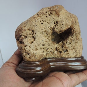 Suiseki &#39;Mountain Cave Stone&#39; als Natures Creation, auf einem Schönen Melamin polierten handgeschnitzten Teakholz Daiza. (SUI-B53)