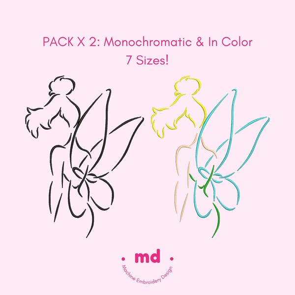 Tinker Bell Machine Embroidery Design - Pack x2: Monochromatic & In Colors - 7 sizes!