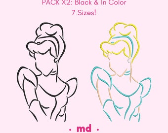 Diseño de bordado a máquina Cenicienta - Paquete x2: En negro y en colores - ¡7 tamaños!