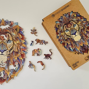 Houten legpuzzel Mighty Lion voor volwassenen en kinderen | Lasergesneden premium hout | Diervormige 3D-puzzelstukken | Uniek cadeau