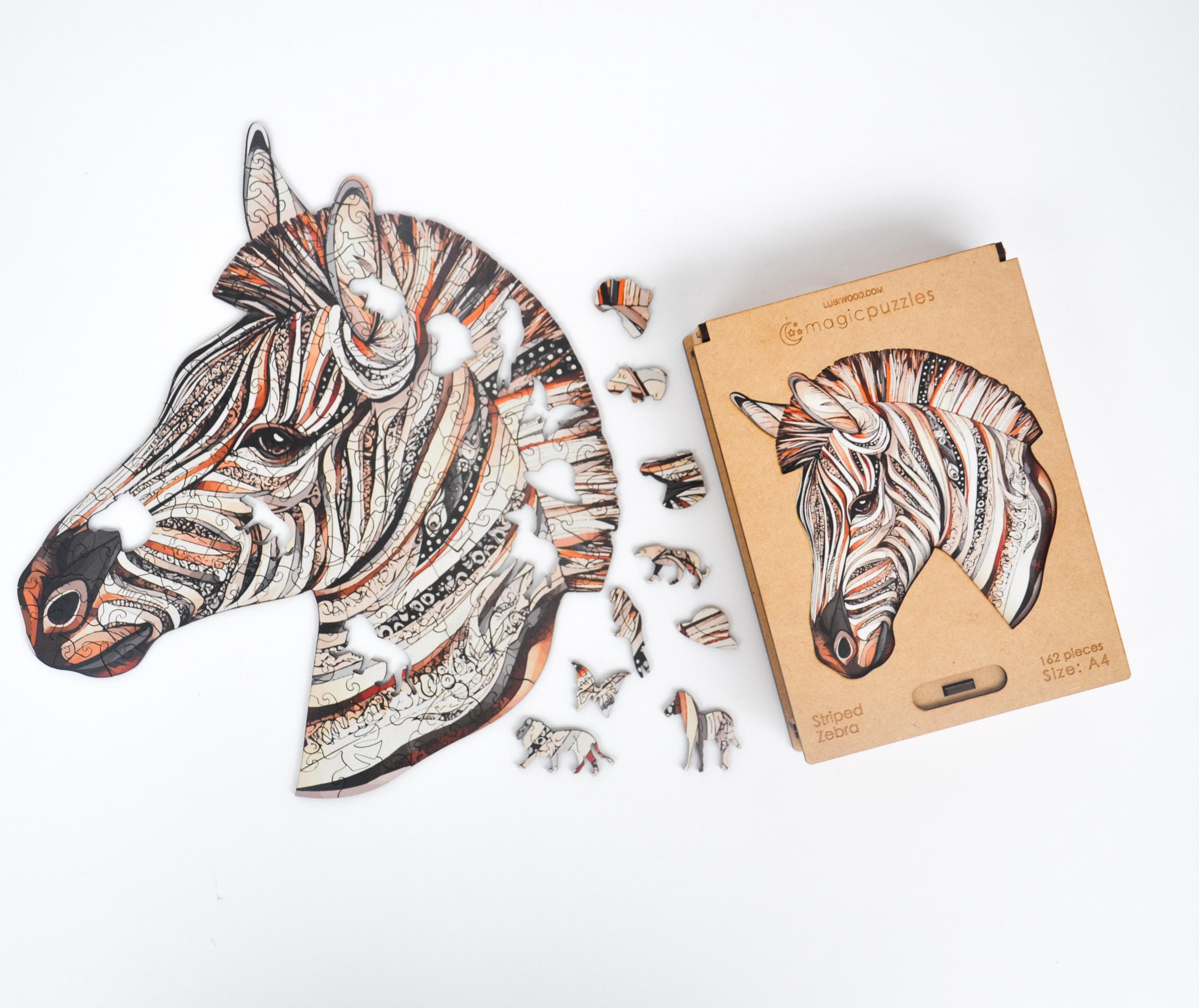 Striped Zebra Wooden Jigsaw Puzzle for Adults and Kids | Laser Cut Premium Wood | Animal Shaped 3D Puzzle Pieces | Unique Gift