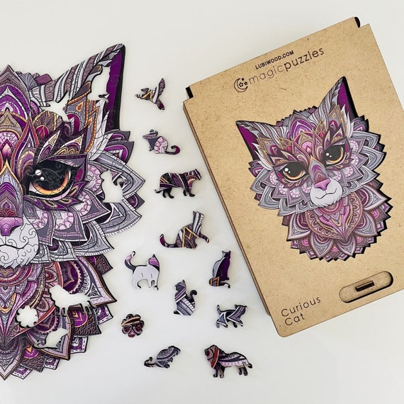 Curious Cat Wooden Jigsaw Puzzle: Laser Cut Animal Pieces